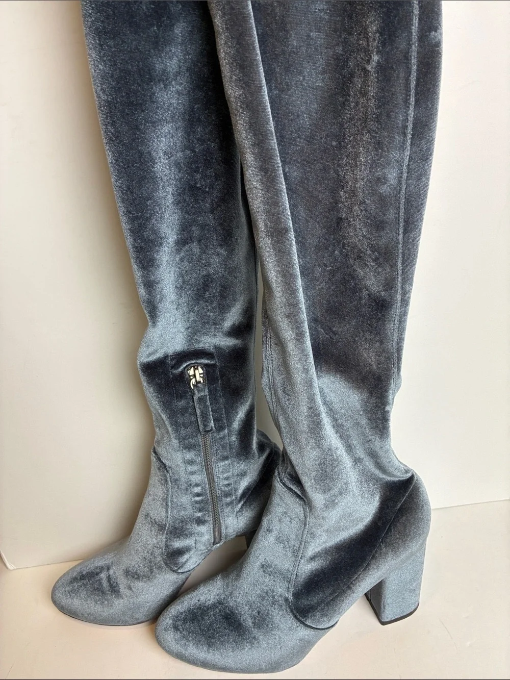 Aquazzura So Me Boots Stretch Velvet sz 36.5 Blue Gray Over The Knee Maximalist